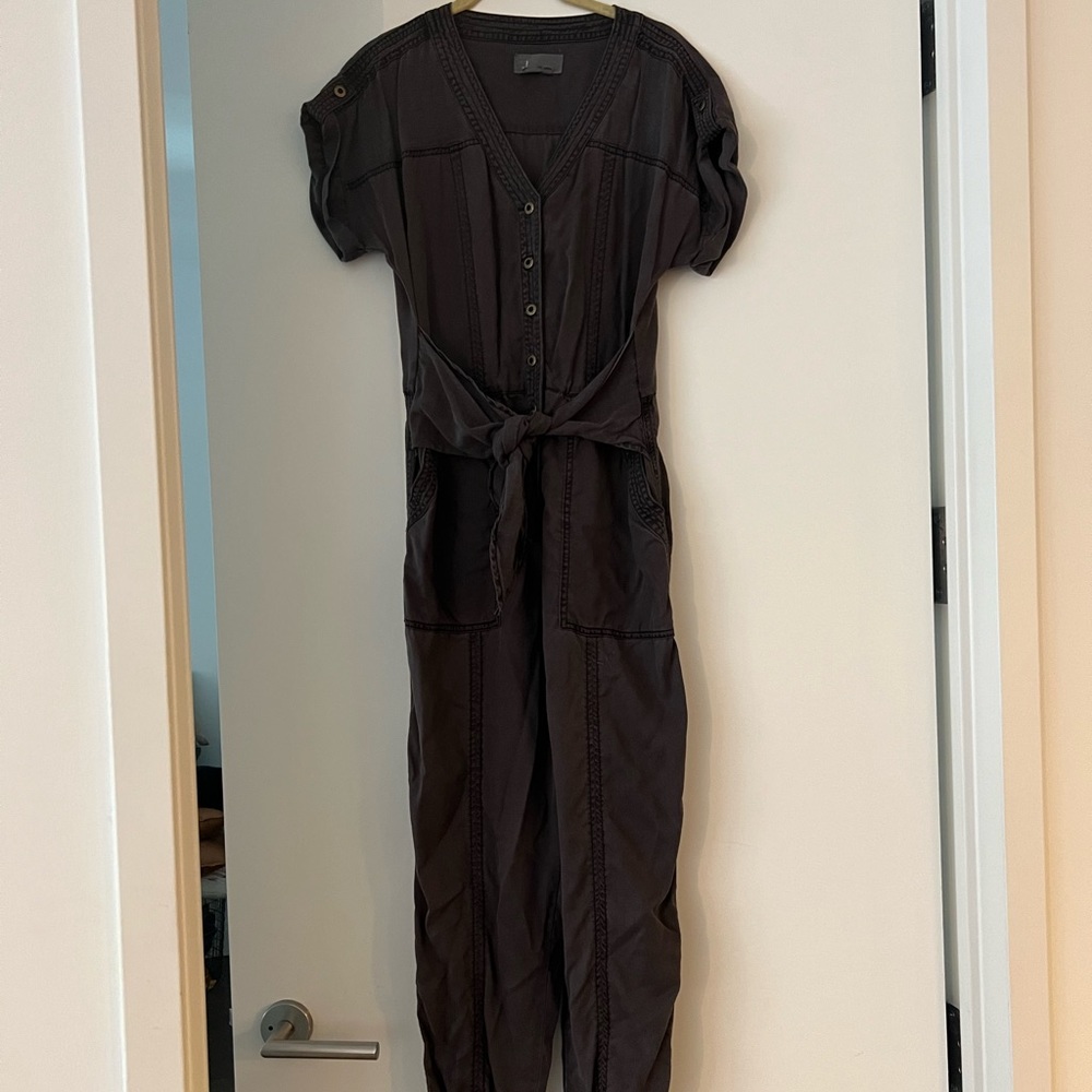 Dark grey Anthropologie jumpsuit, belt tie, lightly worn size 8